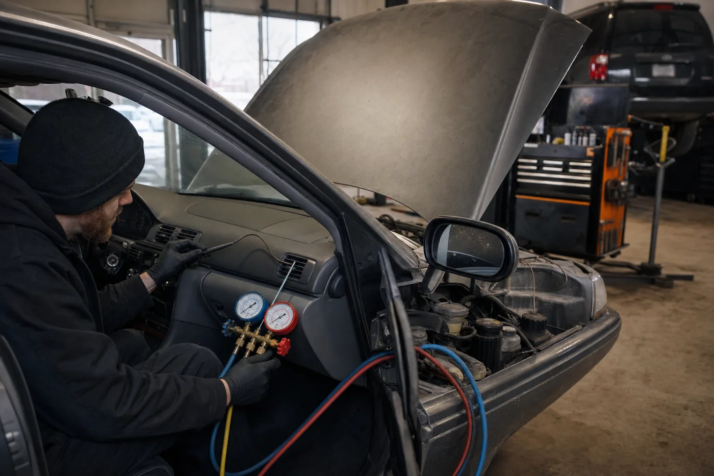 A technician testing vehicle vent temperature and air-conditioning pressure