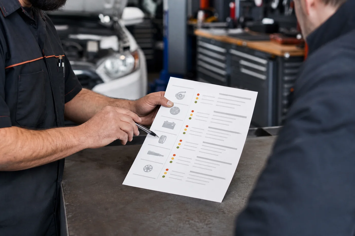 A mechanic reviewing repair priorities with a customer