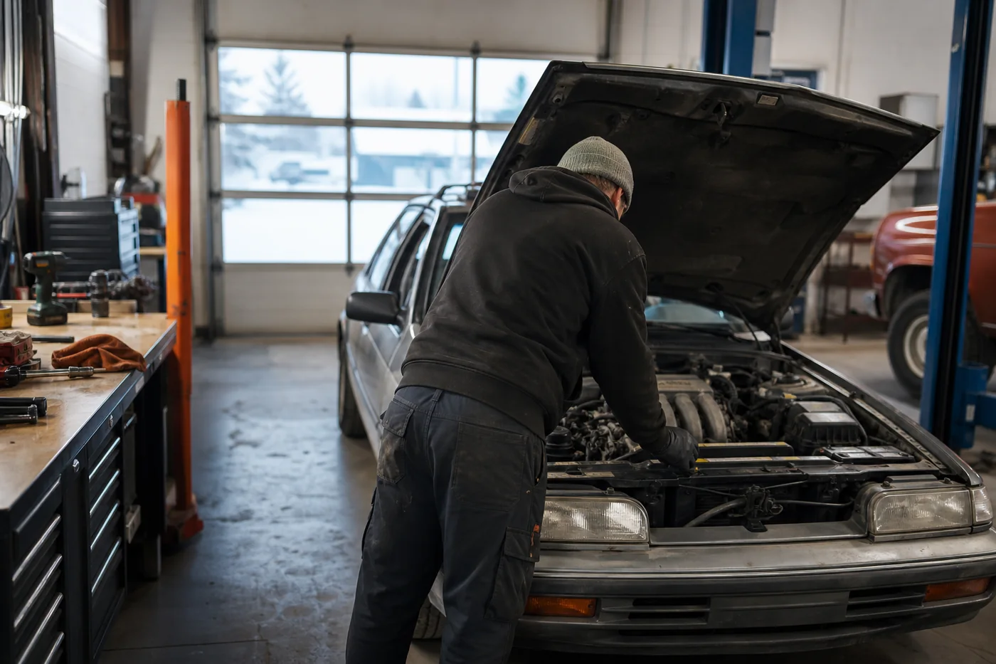 A mechanic carefully inspecting an older vehicle in a small Regina workshop