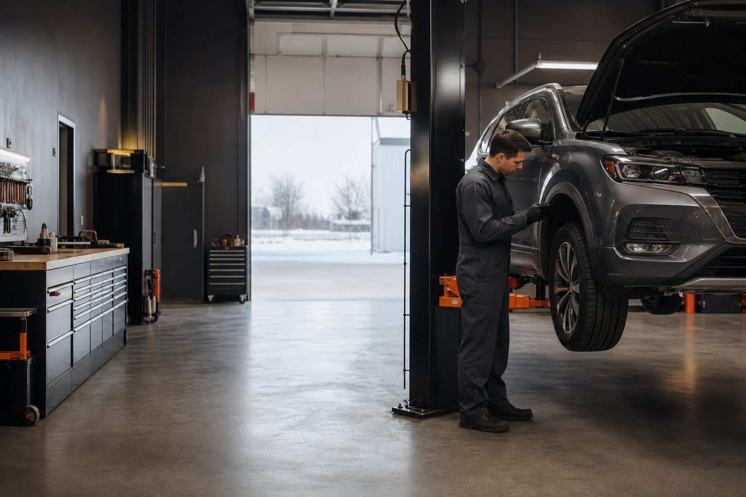 Technician inspecting a vehicle in a clean automotive workshop